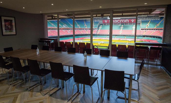 Double Box Suite at Principality Stadium Cardiff with seating and views overlooking the stadium pitch.